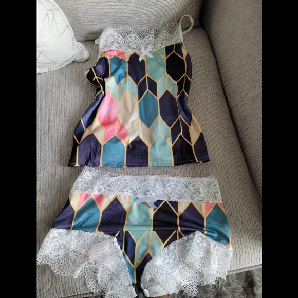Strap Lace Pajama Set Sleeveless geometrical  Pijamas Sleep Shorts Set Lace Pija - Picture 2 of 5